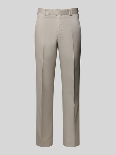 Produktfoto, Anzughose aus Woll-Mix mit Bügelfalten von Wilvorst in Beige, Slim Fit, klare Linien, glatte Textur, Gesäßtaschen sichtbar.