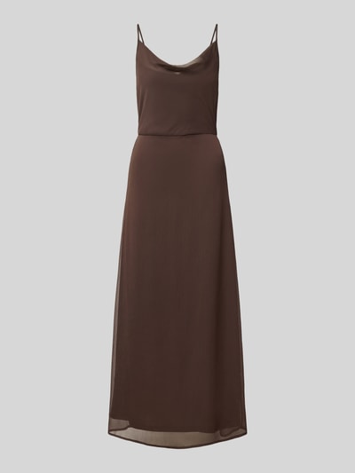Produktfoto, Abendkleid mit Spaghettiträgern Modell 'FALIA' von VILA, Damen Abendkleid aus braunem Chiffon in A-Linie als Midikleid mit Wasserfall-Ausschnitt, Rückenlänge 104 cm, Brustweite 44 cm, feine transparente Textur, klarer Schnitt, für elegante Anlässe