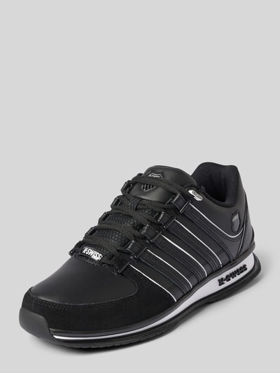 Produktfoto, Sneaker aus Leder mit Label-Details Modell 'Rinzler' von K-SWISS, czarne powlekane sneakersy o zaokrąglonym kształcie, wiązanie, profilowana podeszwa, wysokość obcasa w rozmiarze 44: 3 cm, wysokość cholewki: 9 cm, szerokość w rozmiarze 44: 9 cm