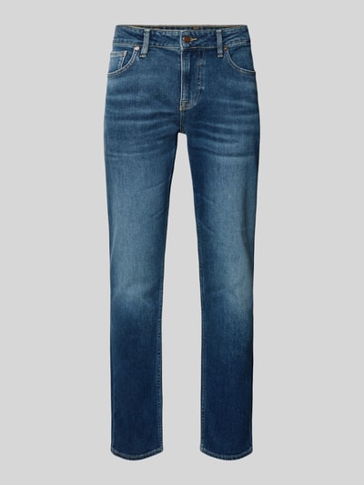 Produktfoto, Slim Fit Jeans im Used-Look Model 'ANGELS' van Guess, puur katoen, steekzakken, blauwe wassing, bandwijdte 42 cm, binnenbeenlengte 78 cm.