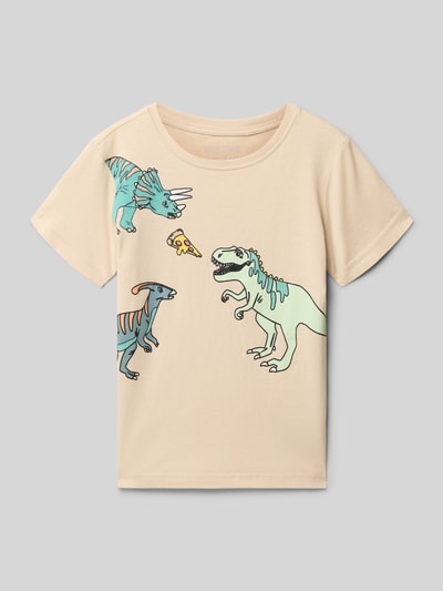 Produktfoto, Regular Fit T-Shirt mit Allover-Motiv-Print von Blue Seven aus Reine Baumwolle, Rundhalsausschnitt, Rückenlänge 47 cm bei Größe 116, beige mit bunten Dinosauriermotiven