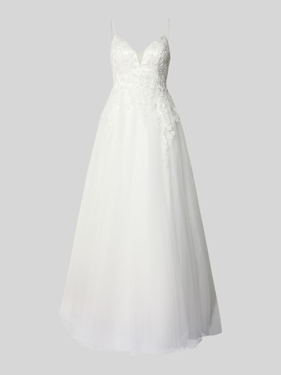 Produktfoto, Brautkleid mit Details aus Spitze von LUXUAR FASHION in Weiß, tailliert, V-Ausschnitt, Ziersteinbesatz, unifarben, Tüll, Spitze.