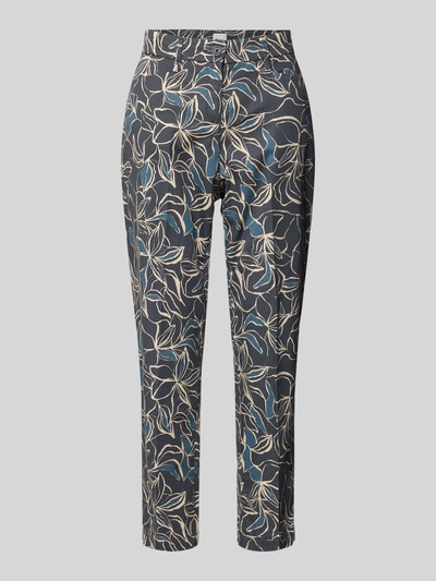 Productfoto, Hose im Allover-Look Modell 'Mara S' van Brax, katoenmix met lyocell, verkort fit, donkerblauw met crèmekleurige bloemenprint.