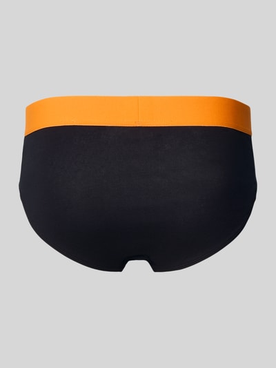Produktfoto, Slip mit elastischem Bund im 3er-Pack von Schiesser in Schwarz mit orangefarbenem Bund, Baumwoll-Elasthan-Mix, Körpernahe Passform