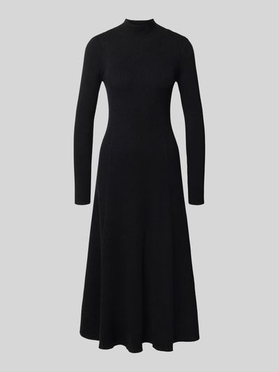 Produktfoto, Strickkleid aus Viskose-Mix in Midilänge von MYON in Schwarz, eng anliegende Passform, A-Linien-Rock, Stehkragen, Ripp-Optik, langärmlig, fließende Textur, Damen Strickkleid.