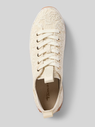 Produktfoto, Low Top Sneaker mit Ajour-Strick Optik von Tamaris in Creme, runde Schuhspitze, flache Sohle, florales Muster, Logo-Prägung, texturierte Sohle, Schnürung, unifarbene Damenmode