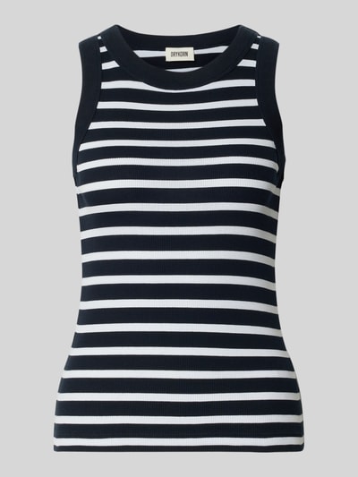 Produktfoto, Tanktop mit Rippenstruktur Modell 'OLINA' von Drykorn aus Reine Baumwolle, dunkelblau-weiß gestreift, eng anliegender Schnitt, Rundhalsausschnitt
