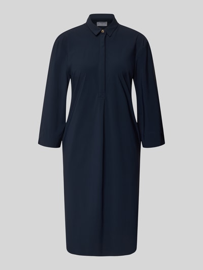 Produktfoto, Knielanges Hemdblusenkleid mit 3/4-Arm von WHITE LABEL in Dunkelblau, glatter Material-Mix mit Stretch, gerader Schnitt, Hemdblusenkragen