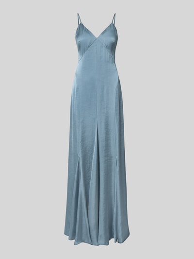 Productfoto, avondjurk uit satijn met V-hals van Jake*s Cocktail, getailleerd model, maxi-jurk, spaghettibandjes, ritssluiting, ruglengte maat 36: 152 cm, borstwijdte maat 36: 38 cm, glanzende lichtblauwe kleur, vloeiende stof met zachte satijnlook
