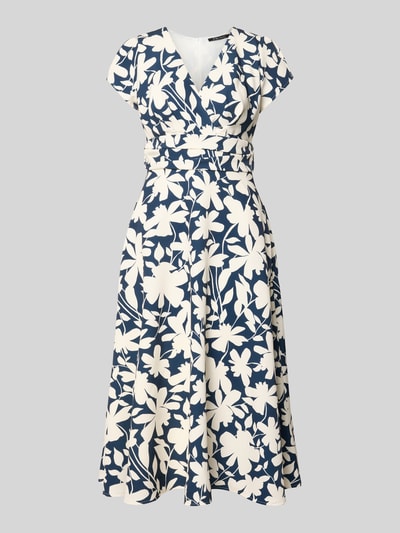 Produktfoto, Cocktailkleid mit V-Ausschnitt und Taillenband von Swing, mieszanka materiałów z dodatkiem streczu, linia a, sukienka midi, wzór na całej powierzchni, dekolt w serek, tasiemka w talii, długość tyłu w rozmiarze 36: 114 cm, szerokość w rozmiarze 36: 42 cm, długość rękawów w rozmiarze 36: 14 cm