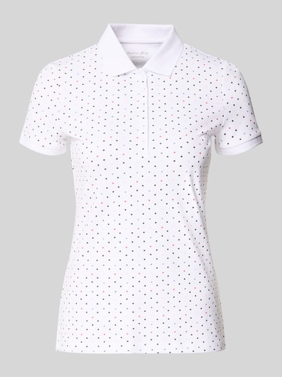 Produktfoto, Slim Fit Poloshirt mit Baumwoll-Anteil von Christian Berg Woman, biały kolor, drobny wzór kropek, krój slim fit, krótki rękaw, polokragen, bawełna z elastanem, długość tyłu w rozmiarze S: 61 cm