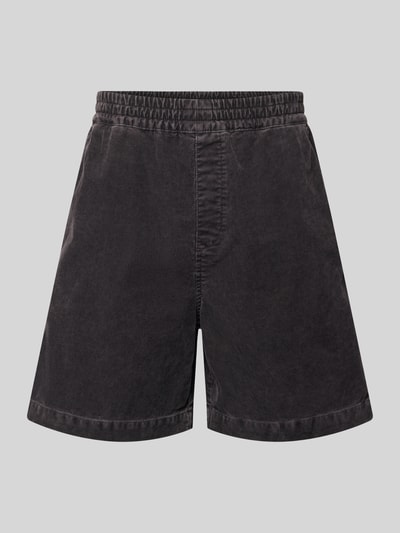 Produktfoto, Szorty jeansowe z elastycznym pasem Model 'Reynold' od Carhartt Work In Progress, bawełna, krój relaxed fit, szerokość w rozmiarze M: 41 cm, długość wewnętrzna nogawki: 18 cm, kolor ciemnoszary, wyraźna tekstura materiału