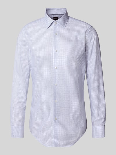Produktfoto, Slim Fit Businesshemd aus Lyocell-Baumwoll-Mix Modell 'HANK' von BOSS mit feinem Allover-Muster in Hellblau und Weiß, Kentkragen, einreihige Knopfleiste, langarm, glatte Textur