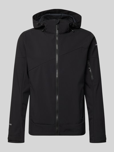 Produktfoto, Regular Fit kurtka z kapturem model 'BARMSTEDT' od Icepeak, czarny kolor, kieszeń na rękawie z zamkiem błyskawicznym, wpuszczane kieszenie, nadruk z logo, stójka, zamek błyskawiczny z przodu, długość tyłu w rozmiarze 50: 78 cm, szerokość ramion w rozmiarze 50: 43 cm, szerokość klatki piersiowej w rozmiarze 50: 54 cm, długość rękawów w rozmiarze 50: 71 cm, prosta tekstura.