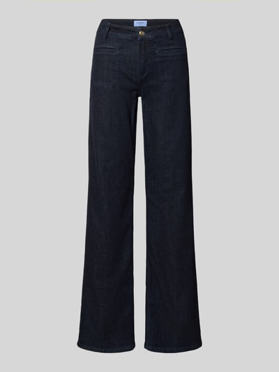 Produktfoto, dunkelblaue Straight Fit Jeans aus Baumwoll-Mix Modell 'TESS' von CAMBIO mit sichtbarer Struktur und geradem Beinverlauf, Damen Straight Fit Jeans von CAMBIO