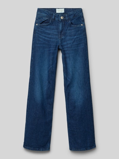 Produktfoto, ciemnoniebieskie Jeansy Straight Fit z naszywką z logo model 'Mara' od CARS JEANS, mieszanka bawełny, 5 kieszeni, zapięcie na guzik i zamek błyskawiczny, szerokość w rozmiarze 140: 32 cm, długość wewnętrzna nogawki: 65 cm