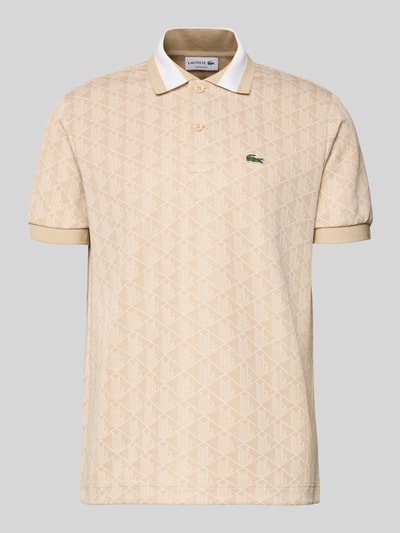 Produktfoto, Regular Fit Poloshirt mit Baumwoll-Anteil von Lacoste in Beige mit Optik:Unifarben, Allover-Muster, L-Monogramm, Label-Stitching-Applikation, Logo-Detail, Kontraststreifen am Polokragen, 2-Knopf-Verschluss, Kurzarm, gerippter Ärmelabschluss, Rumpfabschluss mit Seitenschlitzen, Materialverarbeitung Jacquard