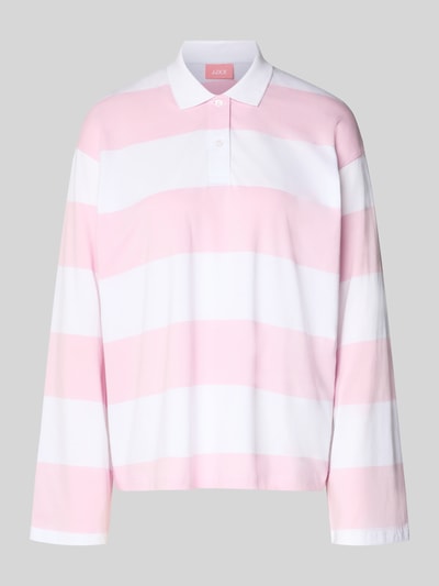 Produktfoto, Relaxed Fit Poloshirt aus reiner Baumwolle Modell 'VILMA' von JJXX, rosa-weiß gestreift, langärmelig, Polokragen, glatte Textur