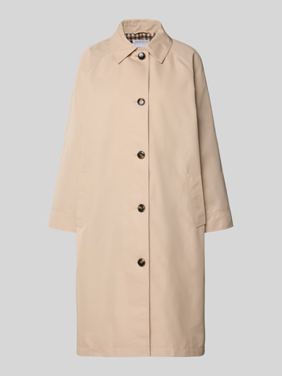 Produktfoto, Taillierter Trenchcoat mit Innenmuster von Jake*s Collection, beige, Material-Mix mit Woll-Anteil, Knopfleiste, Hemdblusenkragen, Taillengürtel, Eingrifftaschen.