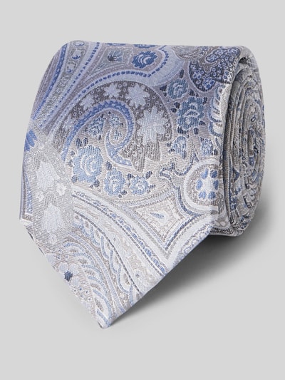 Produktfoto, Krawatte und Einstecktuch im Set aus reiner Seide von Prince Bowtie, klassische Form, Herren Accessoire, blaugraues Paisley-Muster