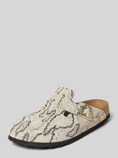 Produktfoto, Clogs aus echtem Leder Modell 'BOSTON' von Birkenstock mit Schlangenmuster, metallic Dornschließe, strukturierter Sohle, Beige-Schwarz