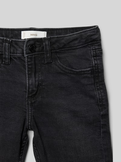 Produktfoto, Jeans mit 5-Pocket-Design von Mango, dunkler Baumwoll-Elasthan-Mix, Slim Fit, sichtbarer Knopf- und Reißverschluss
