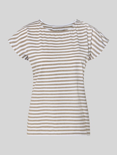 Produktfoto, Regular Fit T-Shirt mit Rundhalsausschnitt von G.I.G.A. DX, damski t-shirt, elastyczna mieszanka materiałów z mieszanką bawełny, krój regular fit, okrągły dekolt, taliowany, długość tyłu w rozmiarze 36: 60 cm, beżowo-białe paski, gładka tekstura