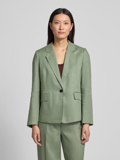 Frauenmodel trägt Regular Fit Blazer aus reinem Leinen von s.Oliver BLACK LABEL, Optik: Unifarben, Reverskragen, 1-Knopf-Verschluss, Langarm, Kissing-Buttons, angedeutete Pattentaschen, Material: Leinen, Ganzkörperansicht von vorne.
