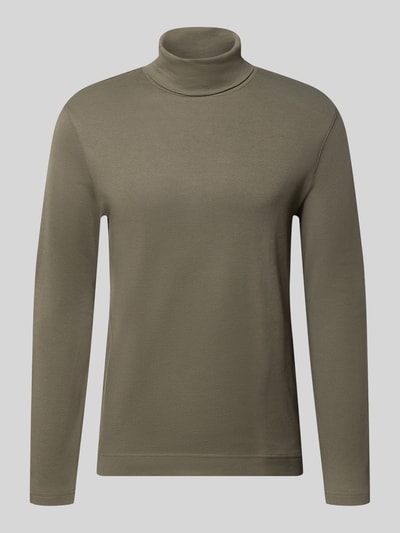 Produktfoto, Regular Fit Longsleeve aus reiner Baumwolle mit Rollkragen von Christian Berg Men w kolorze oliwkowym, gładka faktura, krój regular fit, elastyczne wykończenia, długość tyłu w rozmiarze M: 70 cm