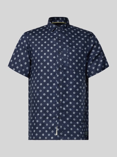 Produktfoto, Regular Fit Leinenhemd mit Brusttasche von Scotch & Soda in Dunkelblau mit Allover-Motiv-Print, Kentkragen, Kurzärmelig, durchgängige Knopfleiste, Logo-Patch, Reine Leinen, Rückenlänge 75 cm, Schulterbreite 42 cm, Ärmellänge 24 cm
