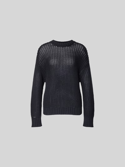 Produktfoto, Pullover in Strick-Optik von Juvia aus Baumwoll-Mix in Dunkelblau, relaxed Fit, semitransparente Struktur, Rundhals.