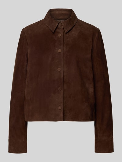 Produktfoto, Lederjacke mit Knopfleiste von Jake*s Collection in Dunkelbraun, Umlegekragen, Regular Fit, samtige Textur, glatte Knöpfe