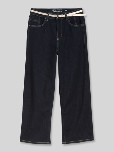 Produktfoto, Straight Leg Culotte aus Baumwoll-Mix von Tom Tailor in dunklem Blau, unifarben, cropped Länge, helles Label Patch, sichtbare Nähte, seitliche Eingrifftaschen, Gürtelschlaufen und Knopfverschluss, Material mit glatter Textur.