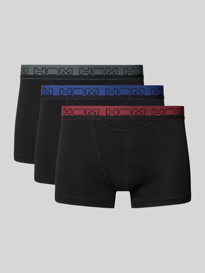 Produktfoto, schwarze Slim Fit Trunks mit Logo-Stitching Modell 'Terry' im 2er-Pack von HOM, Baumwoll-Mix, Elastischer Bund, klare Farben