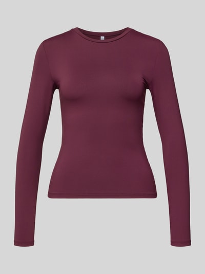 Produktfoto, Slim Fit Langarmshirt mit Rundhalsausschnitt Modell 'LULA' von Pieces in unifarbener Optik, Stretch-Webstruktur, bordeauxfarben