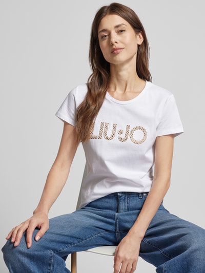 Liu Jo White T-Shirt mit Label-Ziersteinbesatz Weiss 3