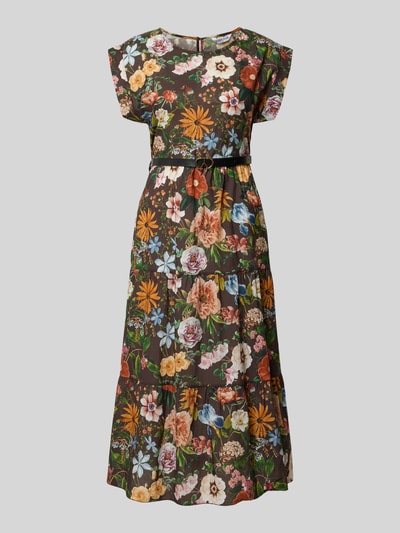 Produktfoto, Midikleid mit Gürtel von ZABAIONE aus reiner Baumwolle, braun mit buntem Blumenmuster, taillierte Passform, Rundhalsausschnitt, kurzärmelig, Stufen-Look, Schlüsselloch-Ausschnitt hinten, Gürtel, sichtbare texturierte Stoffstruktur.