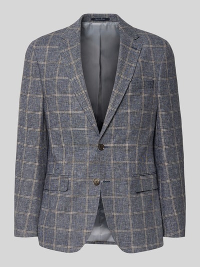 Produktfoto, Modern Fit Sakko mit Pattentaschen und Reverskragen von Christian Berg Men aus Leinen-Baumwoll-Anteil, kariertes Design, Knopfleiste, Brusttasche, Rückenlänge 74 cm, Schulterbreite 43 cm, Ärmellänge 66 cm, graue und beige Töne, glatte Textur