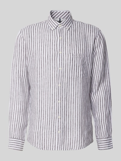 Produktfoto, Modern Fit Freizeithemd aus reinen Leinen Modell 'Daniel' von Brax mit weißen und grauen Streifen, Textur glatt, Button-Down-Kragen, Knopfleiste, Herrenhemd