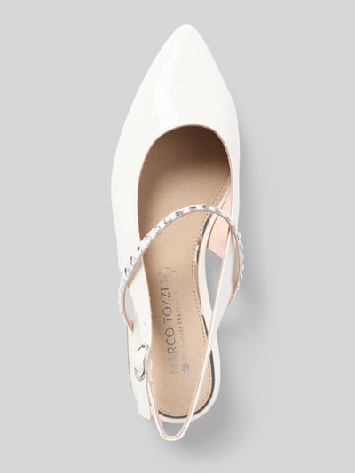 Productfoto, ballerina's met open hiel van Marco Tozzi in wit met kant pasvorm, met strass-steentjes, doornsluiting, gladde zool, hakhoogte 3 cm, maat 40
