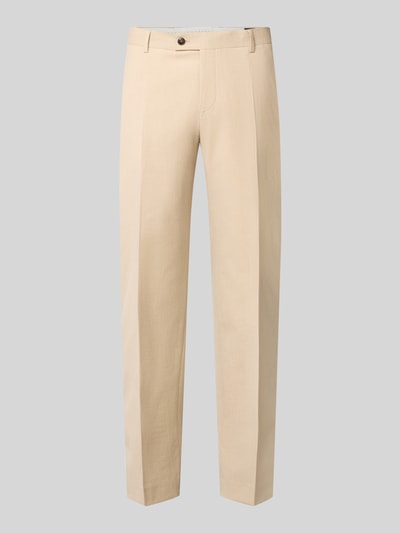 Produktfoto, Straight Fit Hose aus Schurwoll-Mix von bugatti in Beige mit Bundfalten, glatter Textur, elastischem Material, klassischer Schnitt.