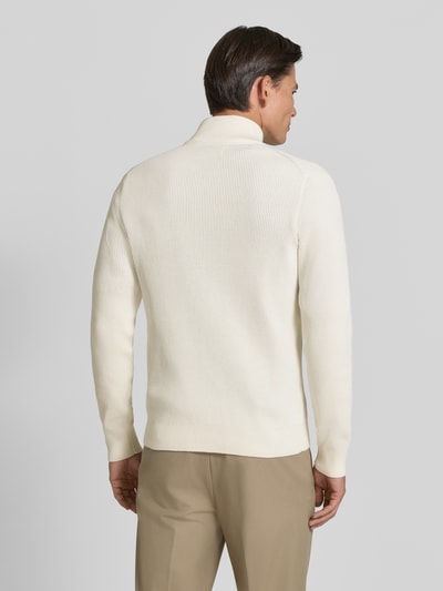 Männermodel trägt Strickjacke mit Stehkragen Modell 'LEVI' von MCNEAL, Baumwoll-Mix, beige, Strukturstrick, Ganzkörperansicht Rückansicht.