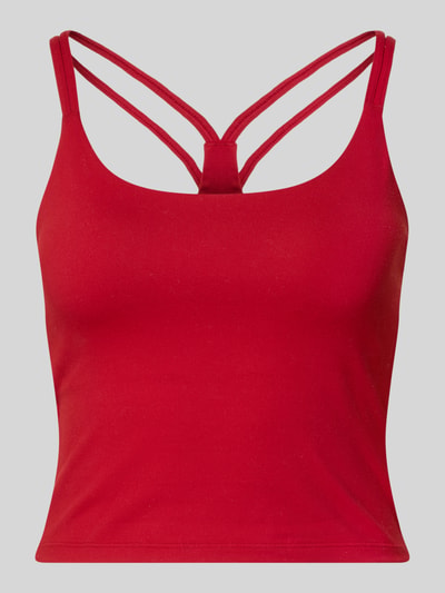 Produktfoto, Cropped Trägertop mit integriertem BH Modell 'PRINCIPLE' von Fabletics, Damen Trägertop aus Material-Mix mit Stretch-Anteil, Racerback, Rückenlänge bei Größe S 20 cm, leuchtend rote Farbe, glatte Textur, klare Linien und moderne Form.
