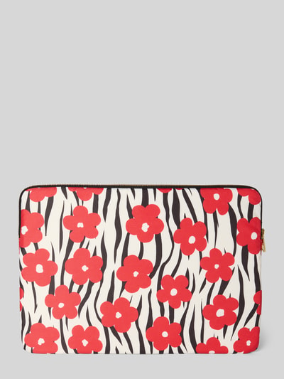 Produktfoto, torba na laptop z główną przegrodą na zamek błyskawiczny, naszywka z logo, model 'Wildflower' od WOUF, zwierzęcy nadruk na całej powierzchni, kwiatowy nadruk na całej powierzchni, czerwone kwiaty na białym tle z czarnymi paskami, lekko fakturowana powierzchnia