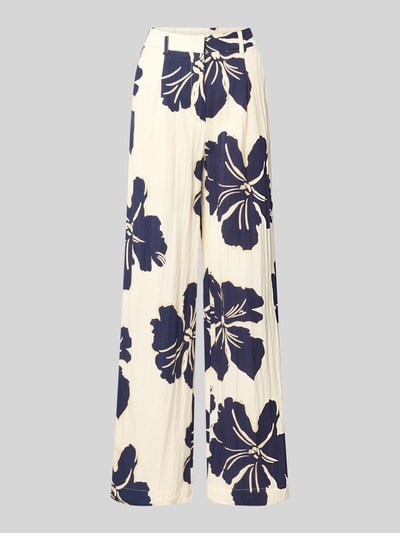 Produktfoto, Stoffhose im Allover-Look Modell 'DOTTER' von MANGO, cremefarben mit dunkelblauem Blumenmuster, Lyocell-Mix mit Viskose-Anteil, Wide-Leg, Bundweite 37 cm, Innenbeinlänge 79 cm, strukturierte Oberfläche