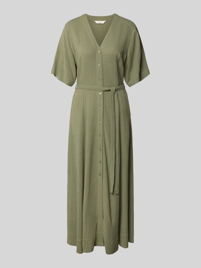 Produktfoto, Regular Fit Leinenkleid mit V-Ausschnitt Modell 'VIVA' von Selected Femme, jednokolorowy, maxi, mieszanka wiskozy i lnu, listwa guzikowa, wiązany pasek, wpuszczane kieszenie