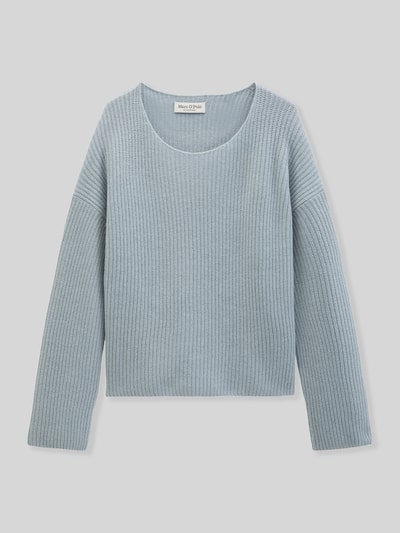 Produktfoto, hellblauer Relaxed Fit Pullover aus Schurwoll-Mix von Marc O'Polo mit feiner Rippenstruktur auf weißem Hintergrund, Damen Pullover