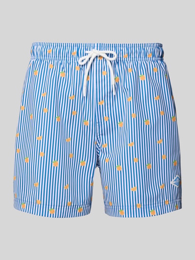 Produktfoto, Badehose im Allover-Look Modell 'MAUI BREEZE' von Jack & Jones, blaue und weiße Streifen, gelbe Akzente, elastischer Bund, Kordelzug, Regular Fit