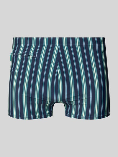 Produktfoto, Badehose mit Reißverschlusstasche Modell 'Ocean Swim' von Schiesser in Blau mit grün-weißen Streifen, Allover-Look, Körpernahe Passform
