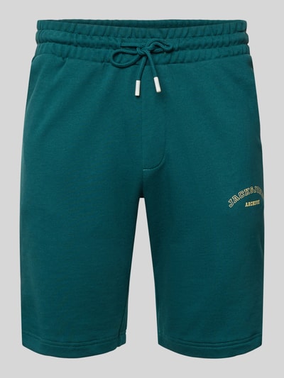 Produktfoto, Shorts mit Logo-Print Modell 'GORDON' von Jack & Jones aus grünem Baumwoll-Mix im Relaxed-Fit, elastischer Bund mit Kordelzug, Logo-Print, Bundweite 42 cm, Innenbeinlänge 25 cm